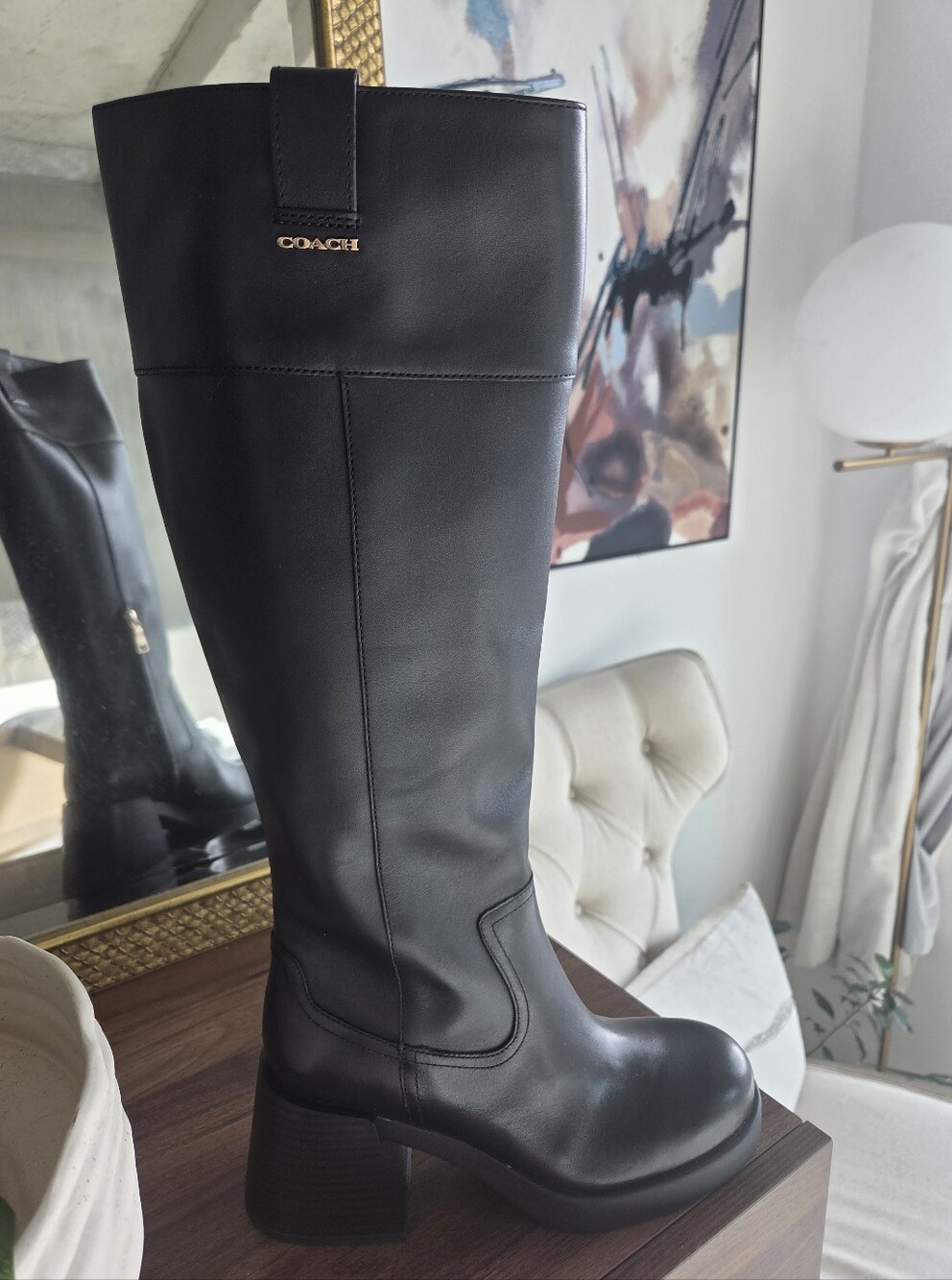 Coach Black Leather Knee-High Block Heel Boot